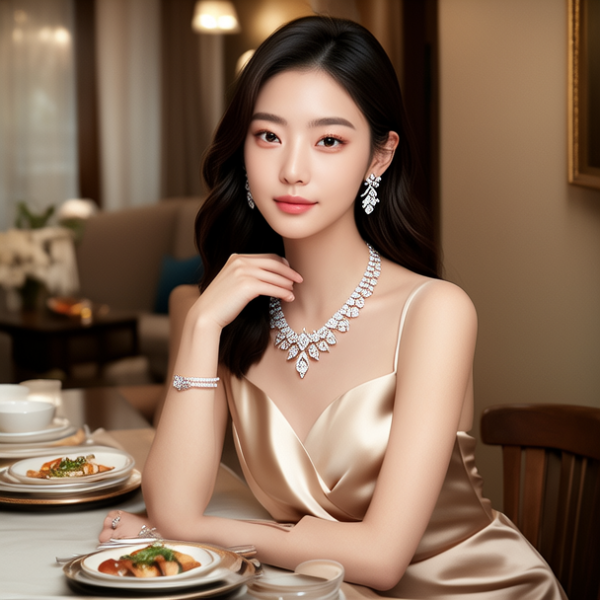 生活瞬间，美女，韩系美女，丝绸，美妆广告，家庭餐桌，4K超清，写实风格，温馨，柔和室内光，细腻皮肤，项链，耳环，手链。