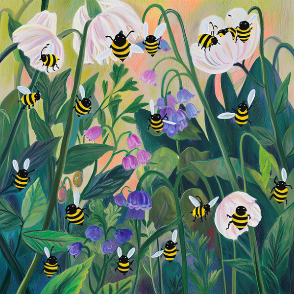 有蜜蜂和鲜花的魔法花园粉彩画 