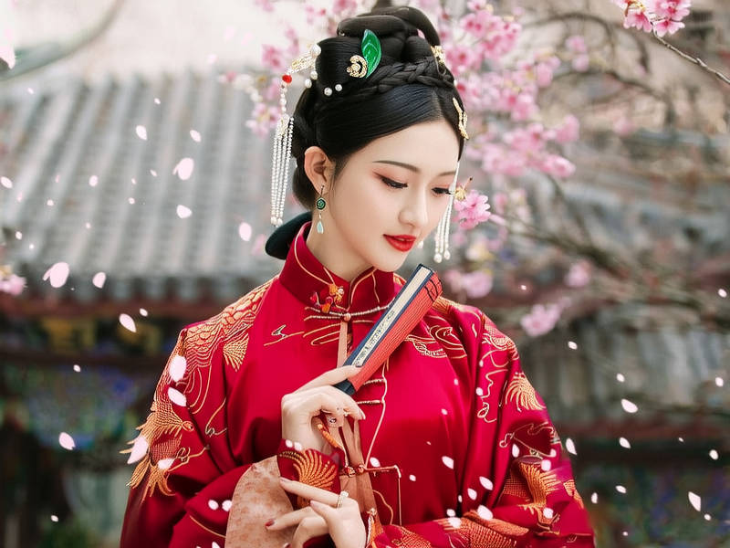 一位优雅的女性在古老的中国庭院中漫步，她身穿一件华丽的红色旗袍，旗袍上绣着金色的凤凰图案。她的头发被精心梳理并装饰着珍珠和翡翠。庭院中的樱花树在她周围盛开，落下的花瓣给画面增添了一种梦幻般的氛围。