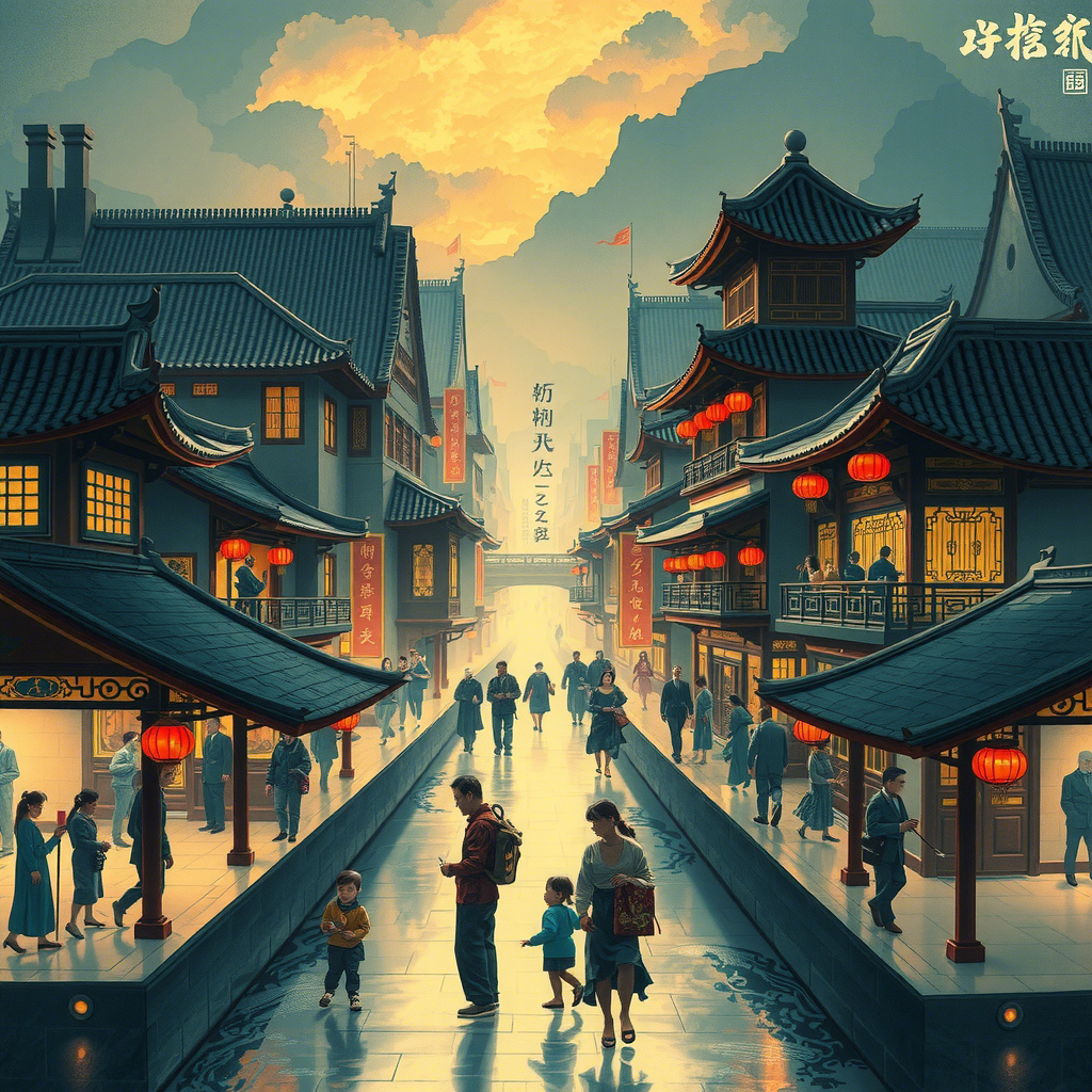 《清明上河图》：这幅画作是北宋时期张择端的杰作，以精致的笔触和细腻的线条描绘了北宋时期的城市景象和人民生活，展现了当时城市的繁荣景象。