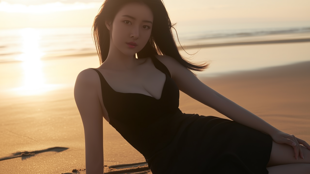 高清，中国模特，身材高挑，漂亮，穿裙子，沙滩，海边，日落