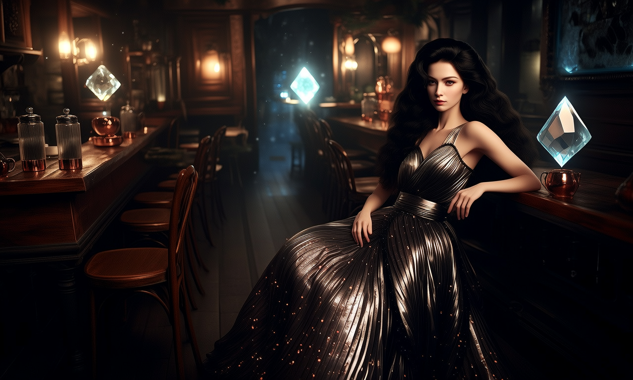 身穿丝绸的美女，魔幻电影，浓密的头发，神秘的咖啡店，8k超高清，大师级作品，优雅、全球照明，魔幻电影照明，3d渲染的高品质魔幻电影，咖啡店，8k，高品质，高清，更多细节，电影打光，神秘，多细节，水晶