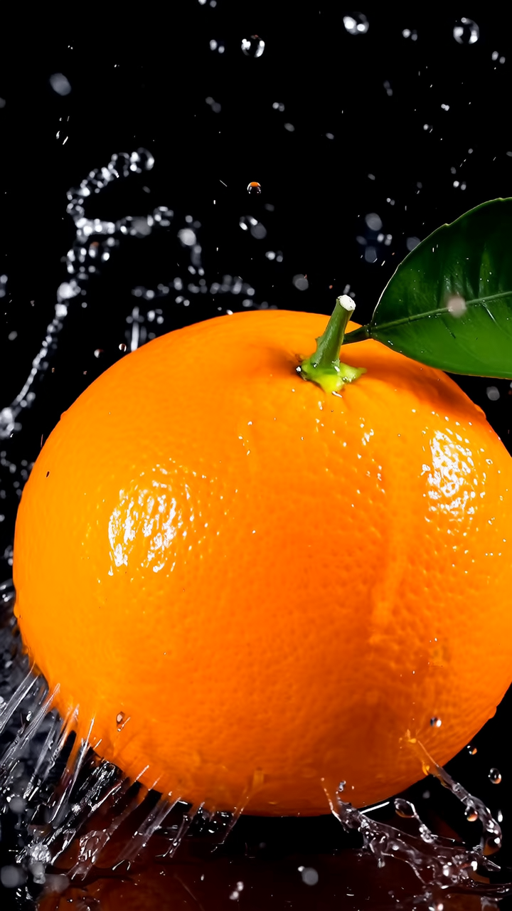 摄影，橙子，富有质感，水果广告，水滴，迸发，跃出水面的水果，4K超清分辨率，自然主义风格，清新，自然光，新鲜水果，新鲜的叶子