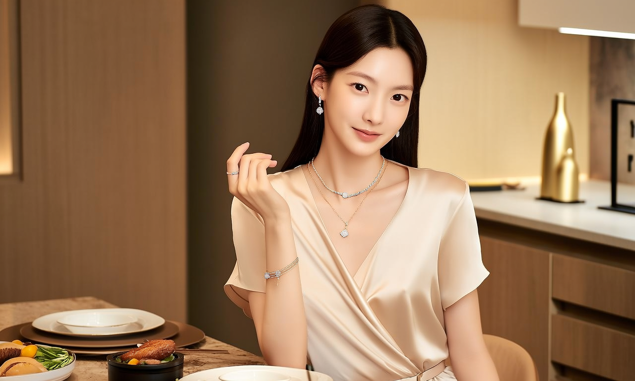 生活瞬间，美女，韩系美女，丝绸，美妆广告，家庭餐桌，4K超清，写实风格，温馨，柔和室内光，细腻皮肤，项链，耳环，手链。