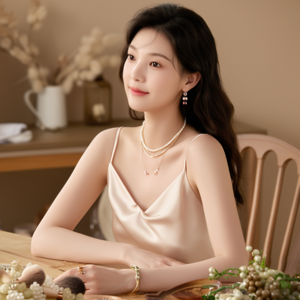 生活瞬间，美女，韩系美女，丝绸，美妆广告，家庭餐桌，4K超清，写实风格，温馨，柔和室内光，细腻皮肤，项链，耳环，手链。