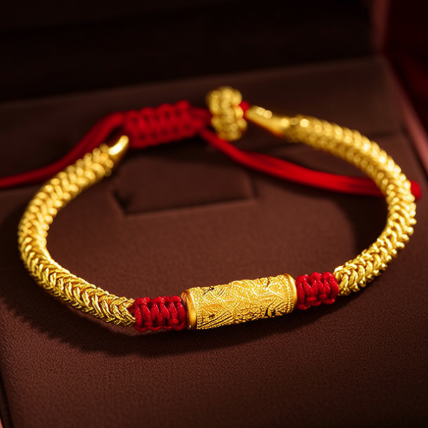 黄金配红绳子手链图片