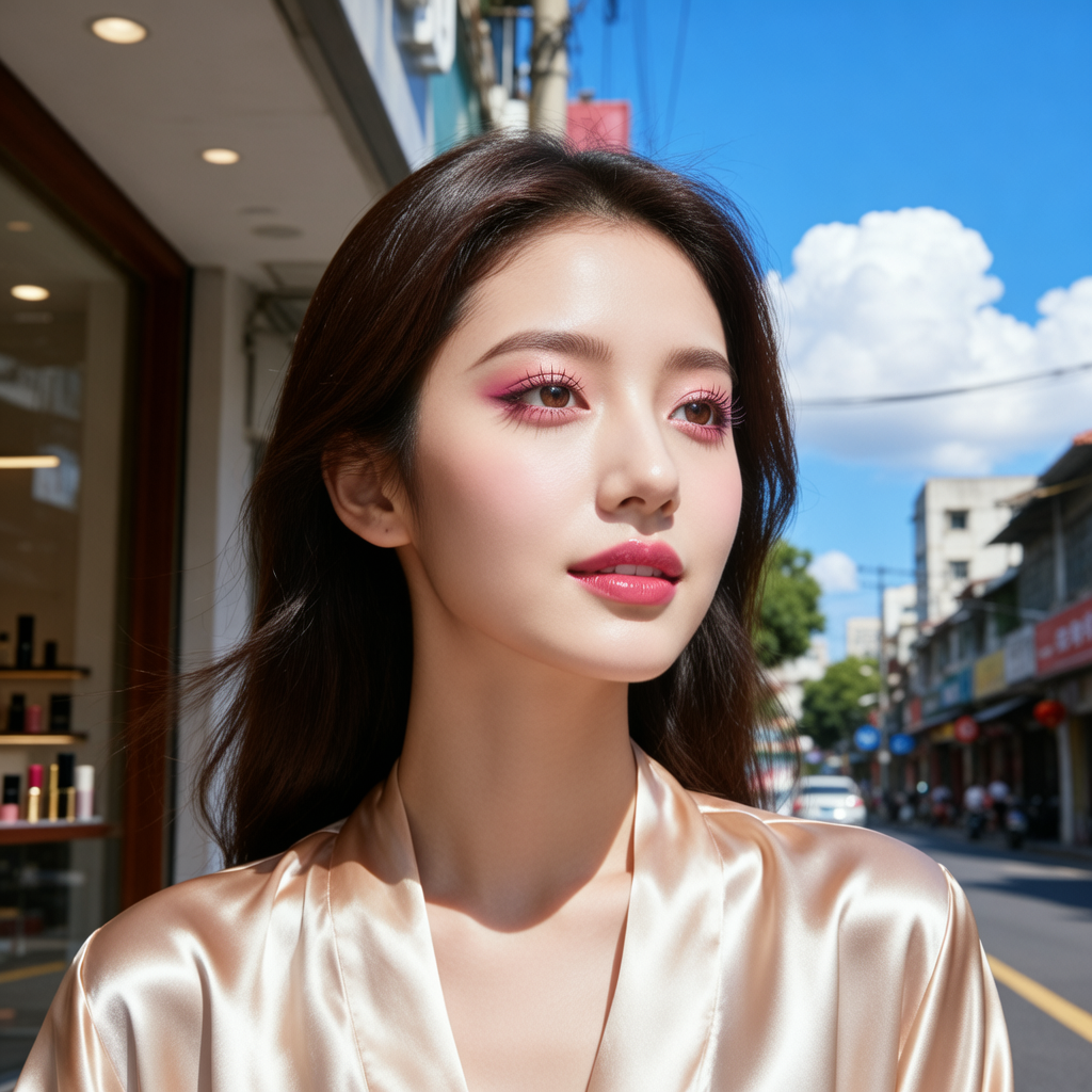 生活瞬间，美女，韩系美女，丝绸，美妆广告，广州街边，4K超清，写实风格，温馨，柔和室内光，皮肤细腻，阳光，蓝天，白云。